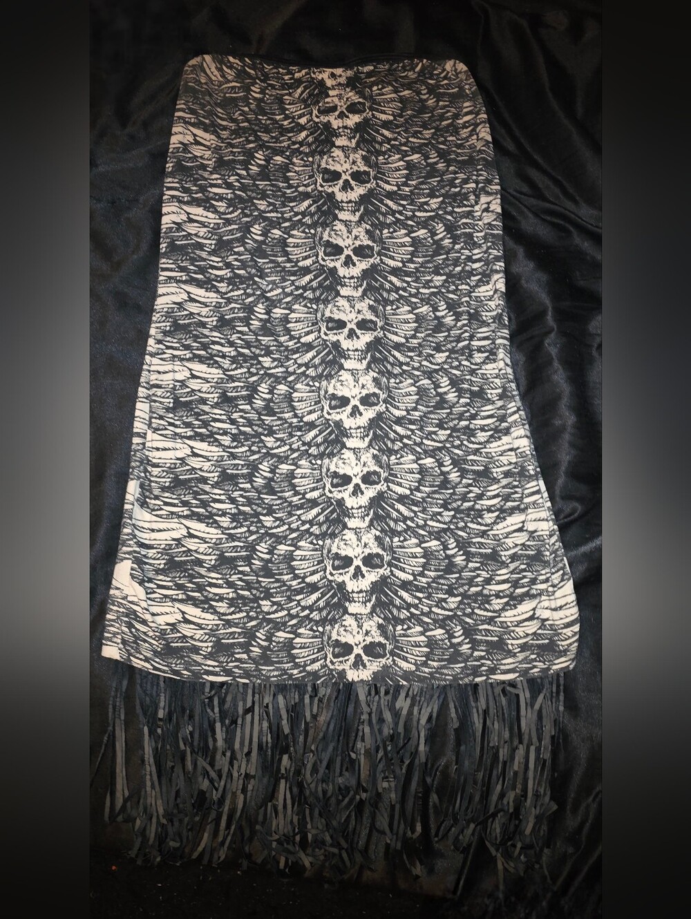 Vtg Lip Service white blk graphic skull wings tube top bodycon fringe dress XL - Picture 3 of 16